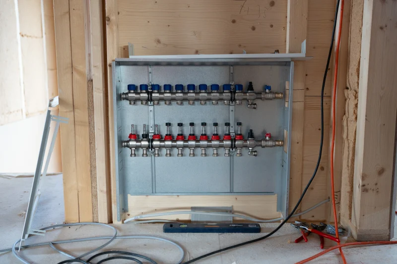 Ein Heizkreisverteiler sitzt in einem Metallschrank innerhalb einer offenen Holzständerwand.