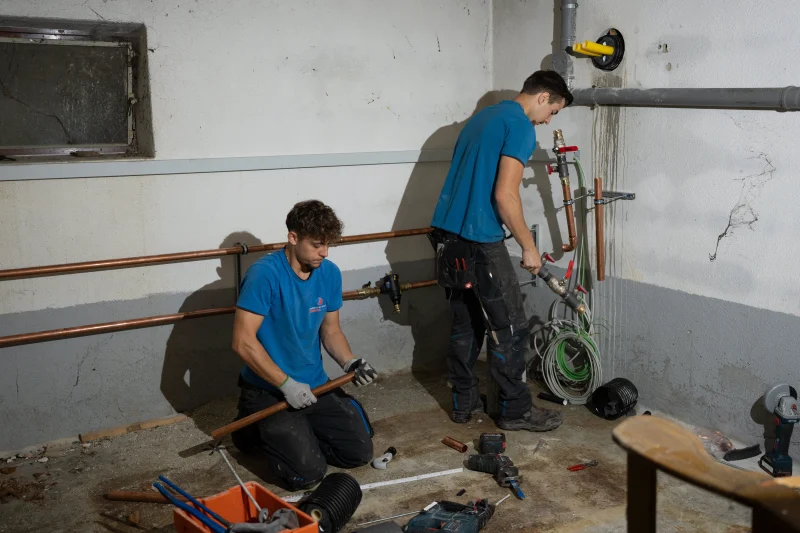 Monteure arbeiten an Kupferrohren und Rohrverbindungen in einem Kellerraum.