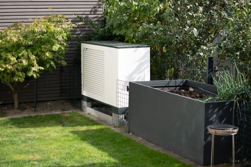 Weiße Wärmepumpe im bepflanzten Garten.